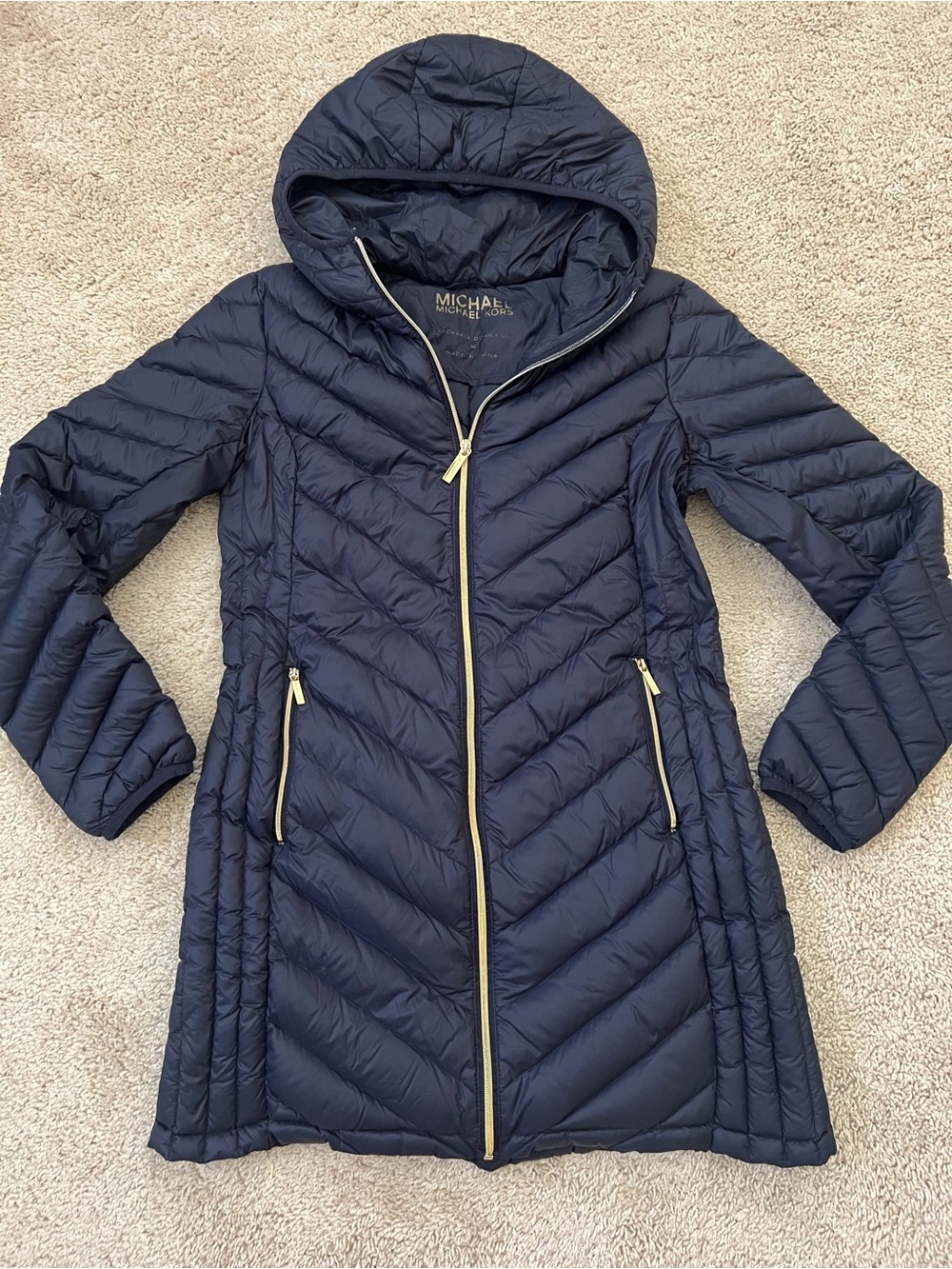 Michael Kors Medium Packable Down Fill Puffer Jacket Long Parka Navy Coat